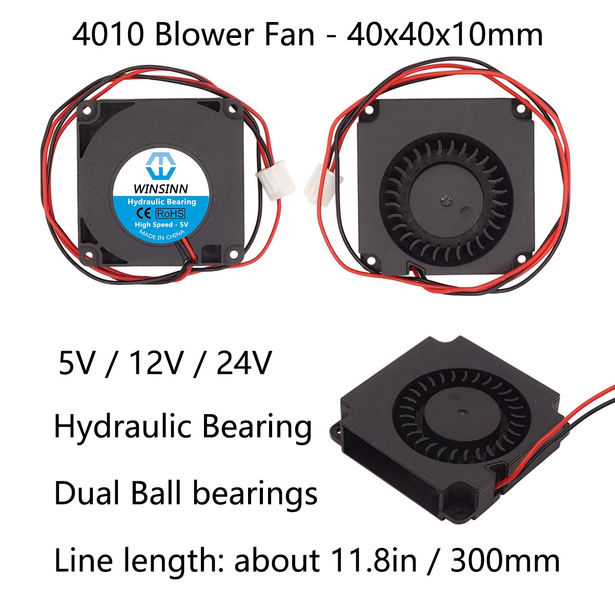 Pack of 5Pcs 2Pin 0.06A 1.44W 7000+-5% RPM WINSINN Blower Fan 24V 40mm Turbine Turbo Fan 40x10mm 4010 DC Brushless Dual Ball Bearing Cooling with Air Guide Parts for Ender 3 3D Printer 