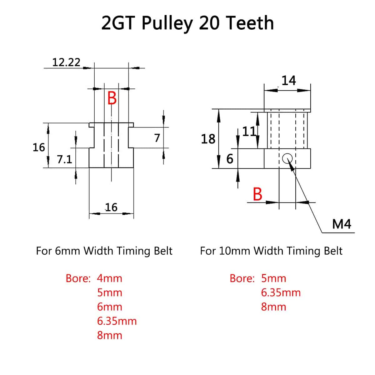 20 Teeth 8mm bore 3Dman GT2 Pulley 16 Teeth 5mm bore 6mm Width 20T Timing Belt 